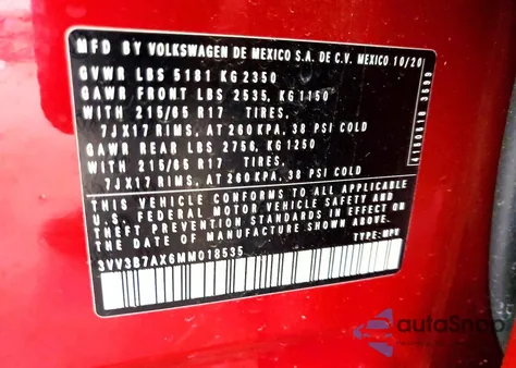 2021 Volkswagen Tiguan Se from USA, damaged, VIN 3VV3B7AX6MM018535